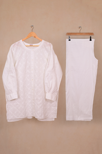 White Dobby Cotton Chikankari Co-ord Set