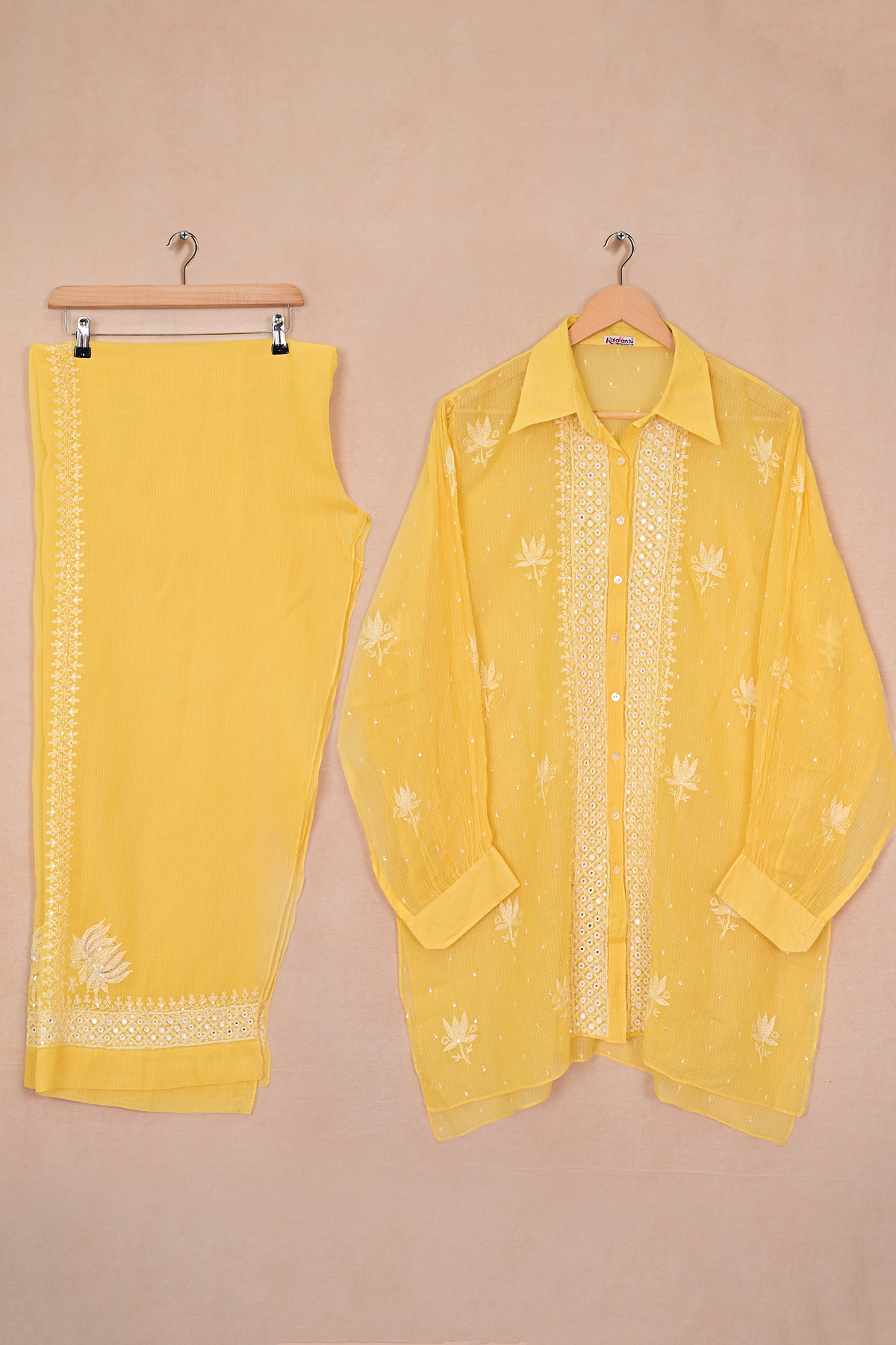 Yellow Kota Cotton Chikankari Co-ord Set