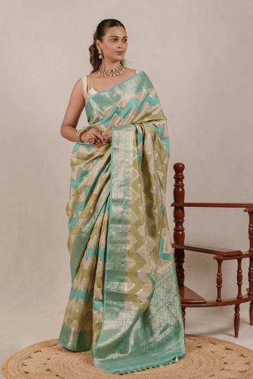 Aqua Blue Silk Banarasi Saree