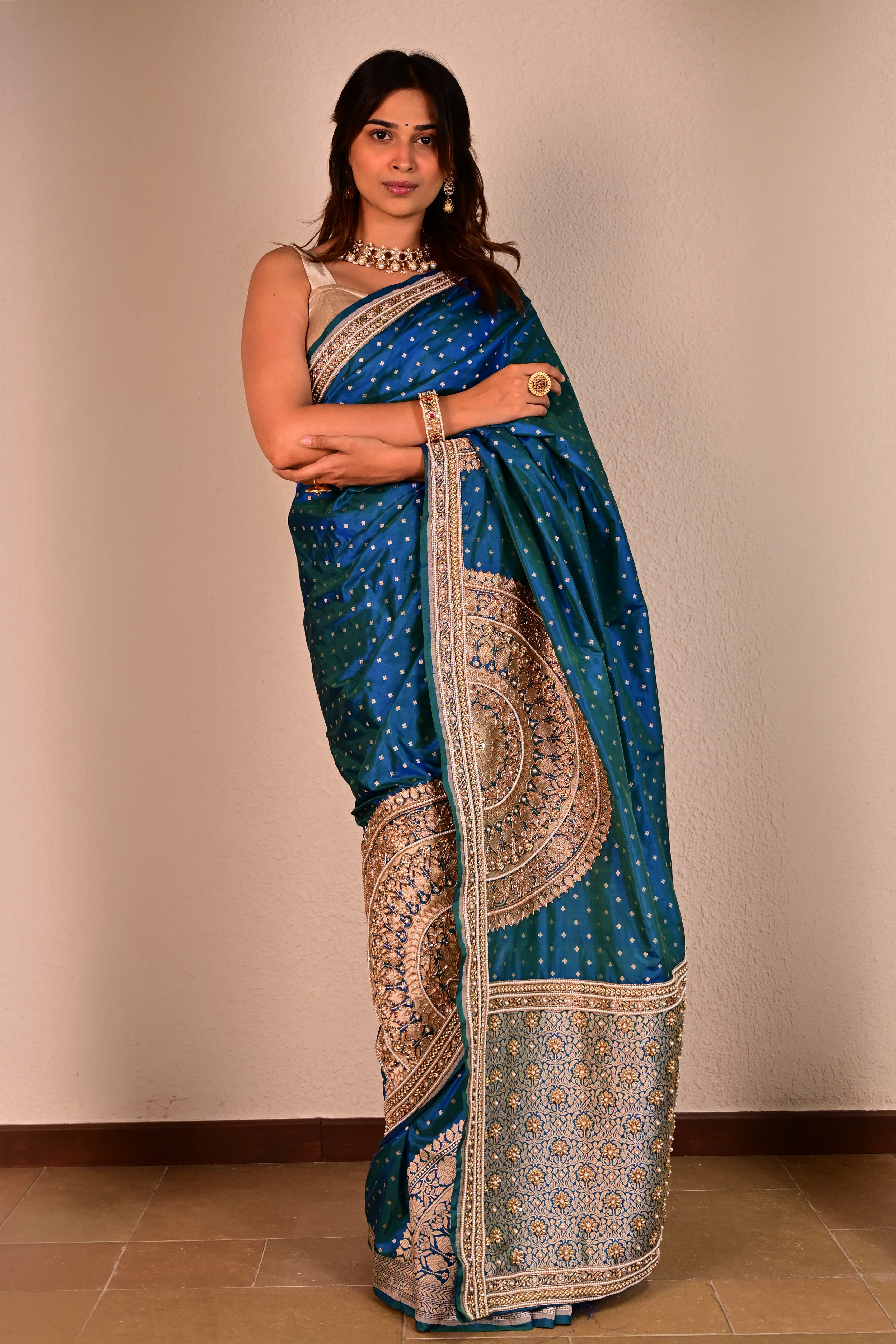Peacock Blue Katan Silk Handcrafted Saree