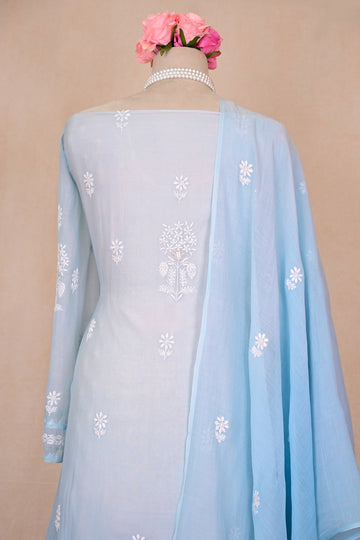 Steel Blue Ombre  Chanderi Chikankari Suit