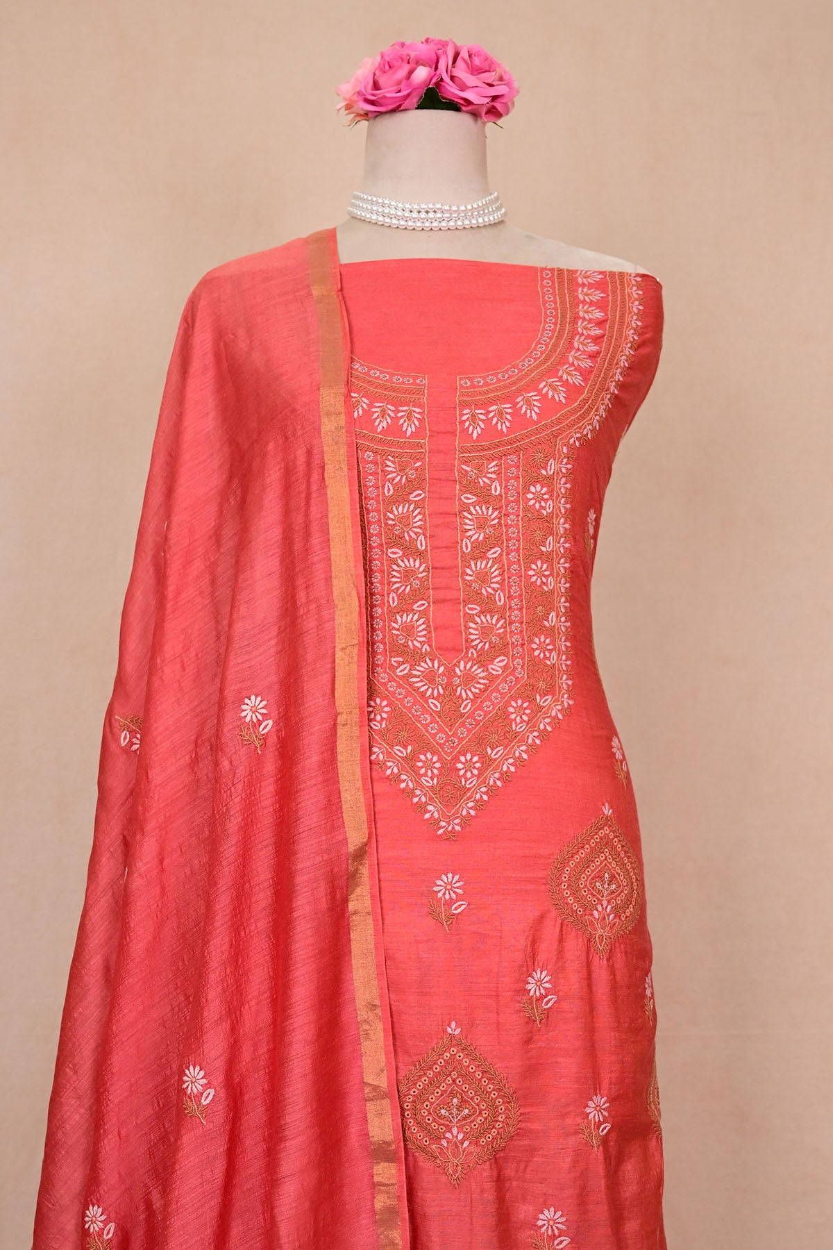 Coral Red Moonga Silk Chikankari Suit
