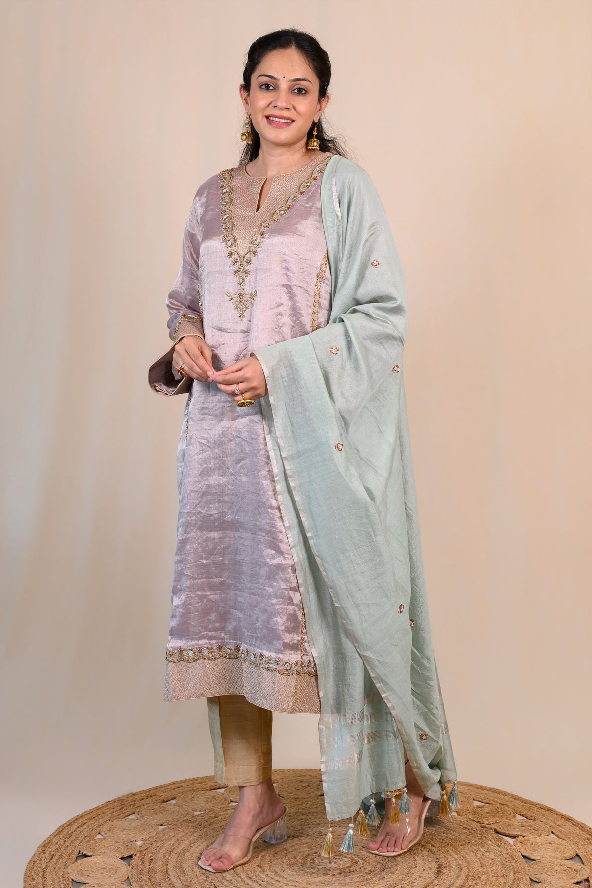 Lavender Grey Tissue Silk Zardozi Suit