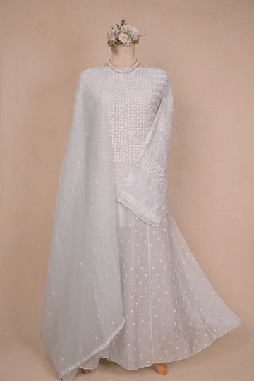 Ice Blue Organza Chikankari Anarkali