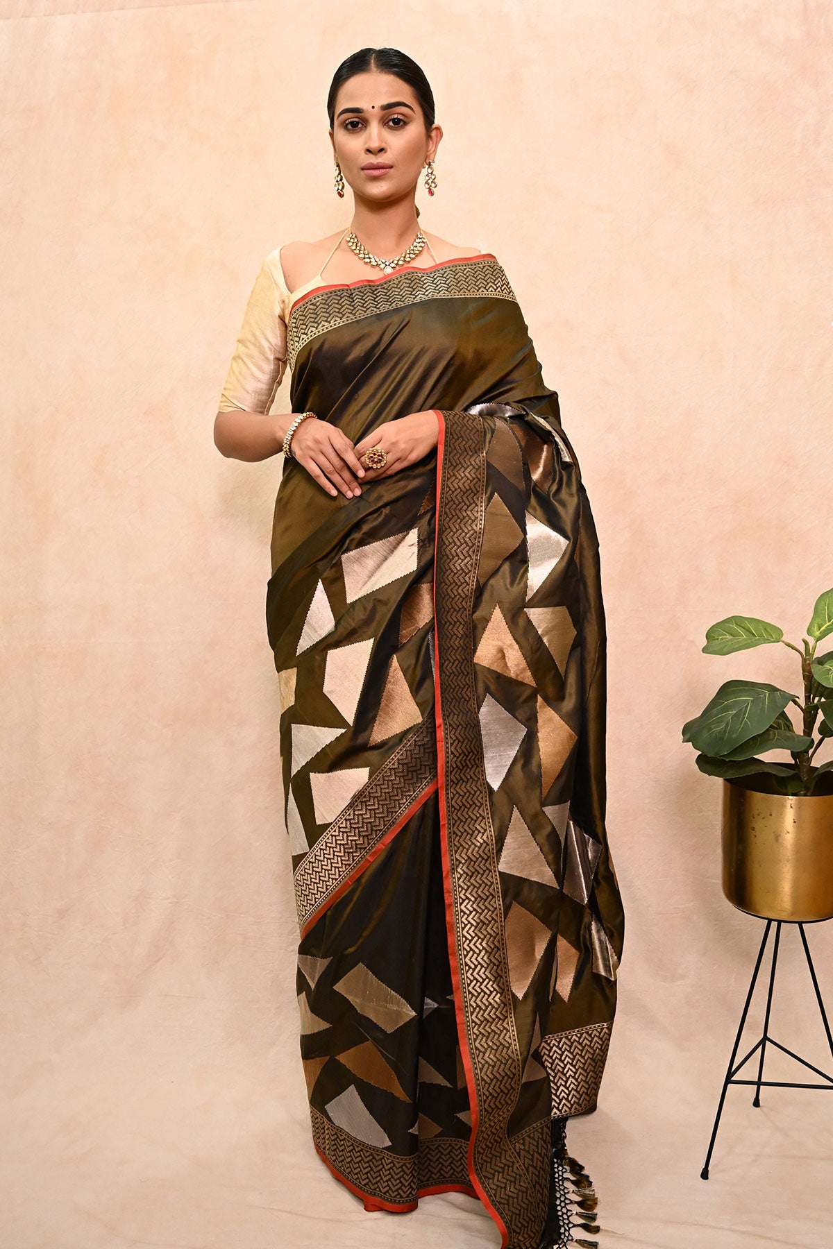 Olive Green Katan Silk Saree with Copper-Silver Zari Border