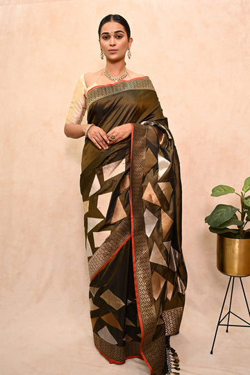 Designer Katan Silk Saree with Copper-Silver Zari Border