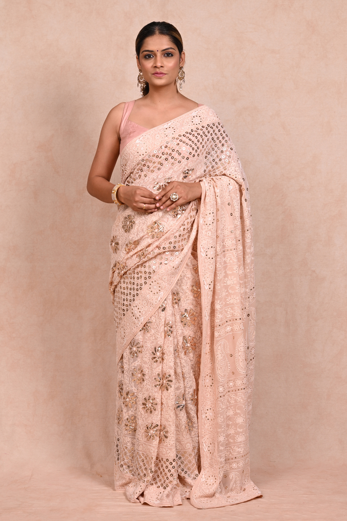 Peach Pure Georgette Chikankari saree