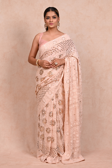 Peach Georgette Chikankari saree
