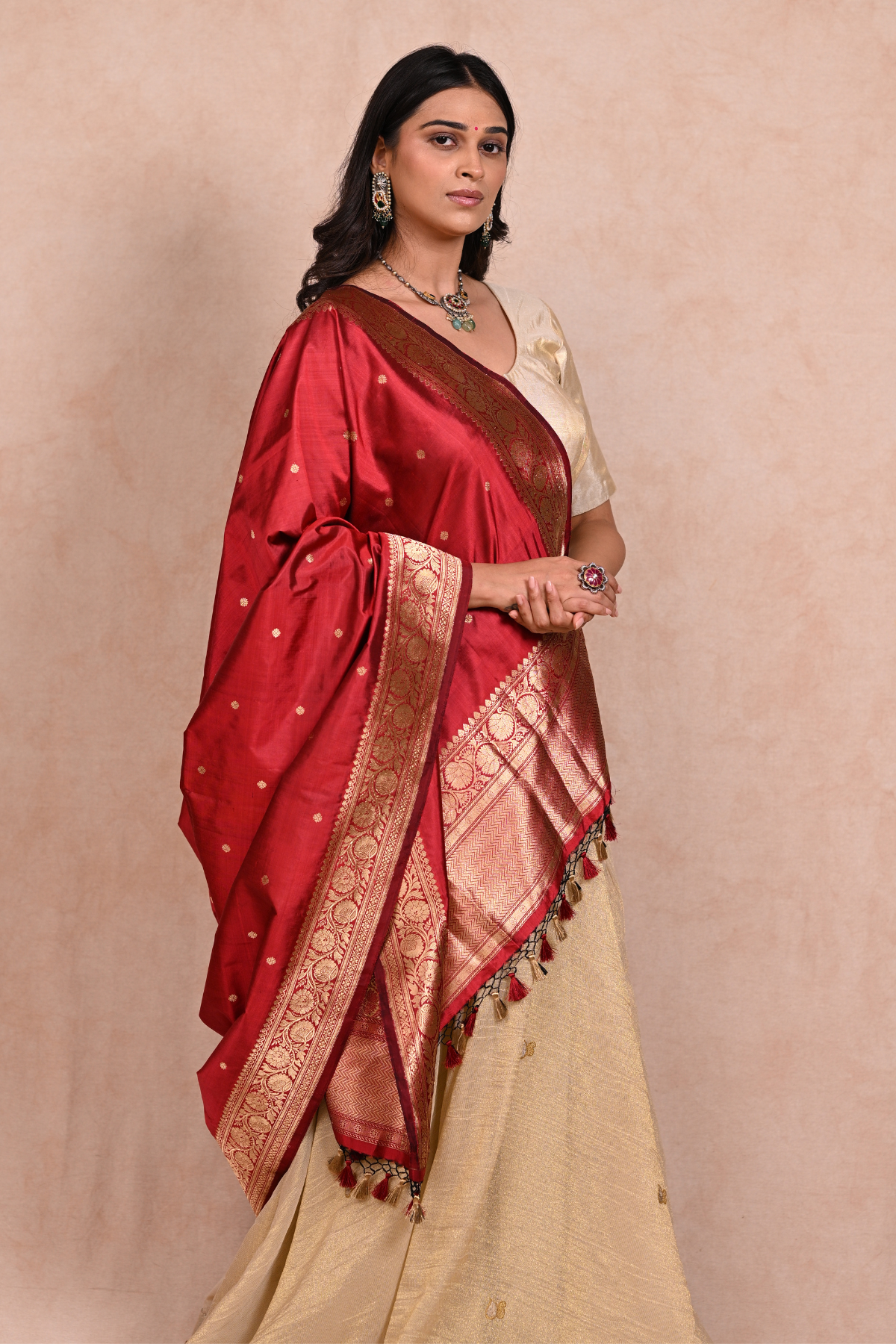 Red Katan Silk Banarasi Dupatta With  Bold Border