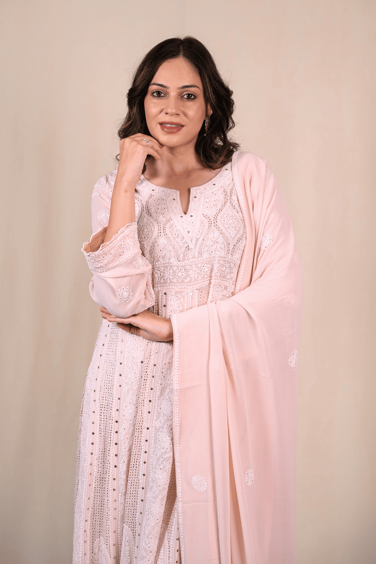 Light Rose Pink Georgette Chikankari Anarkali