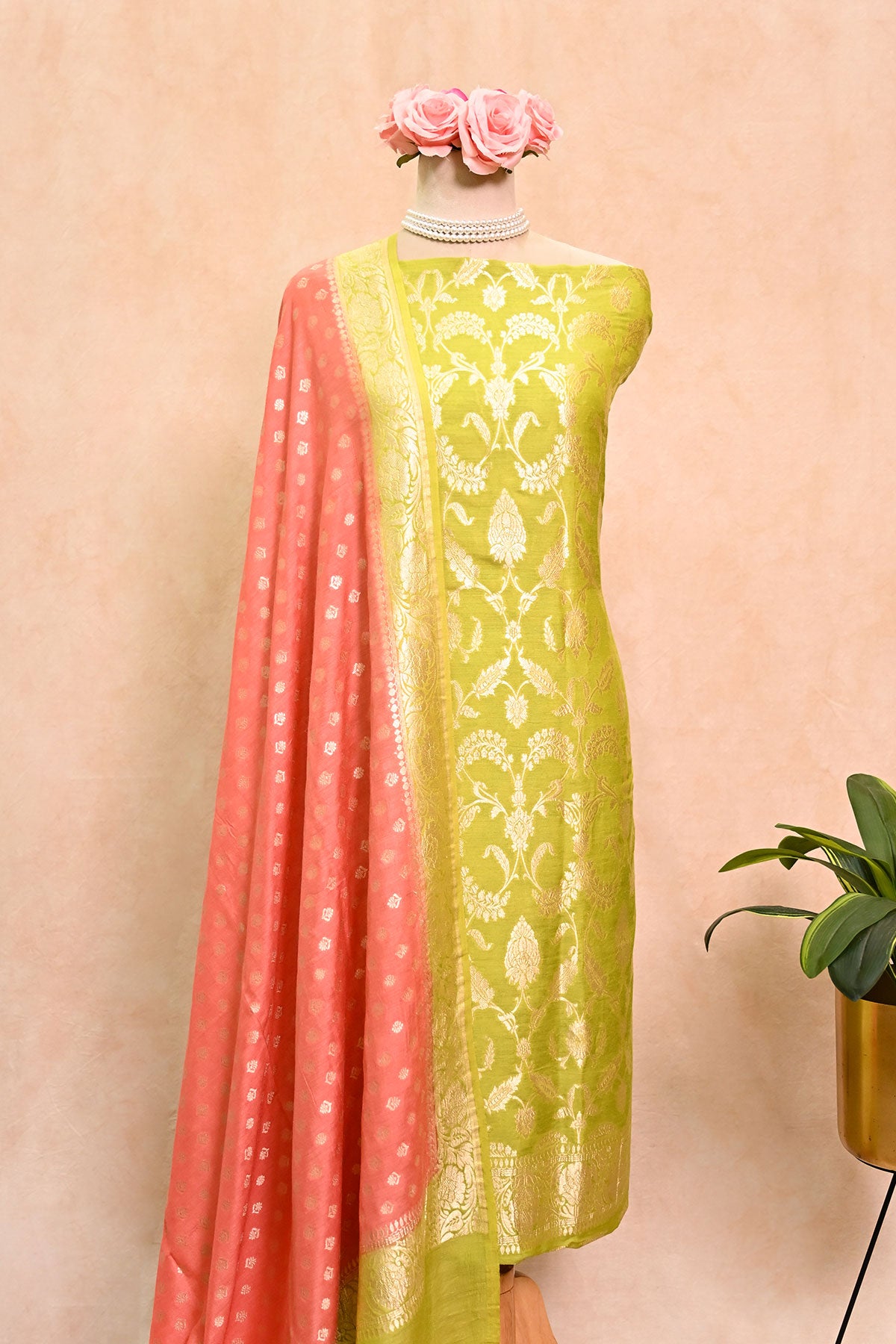 Lime Green Banarasi Moonga Tussar Suit