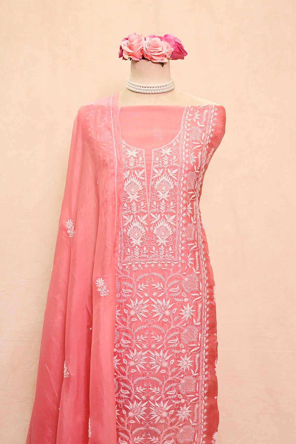 Pink Organza Chikankari Suit