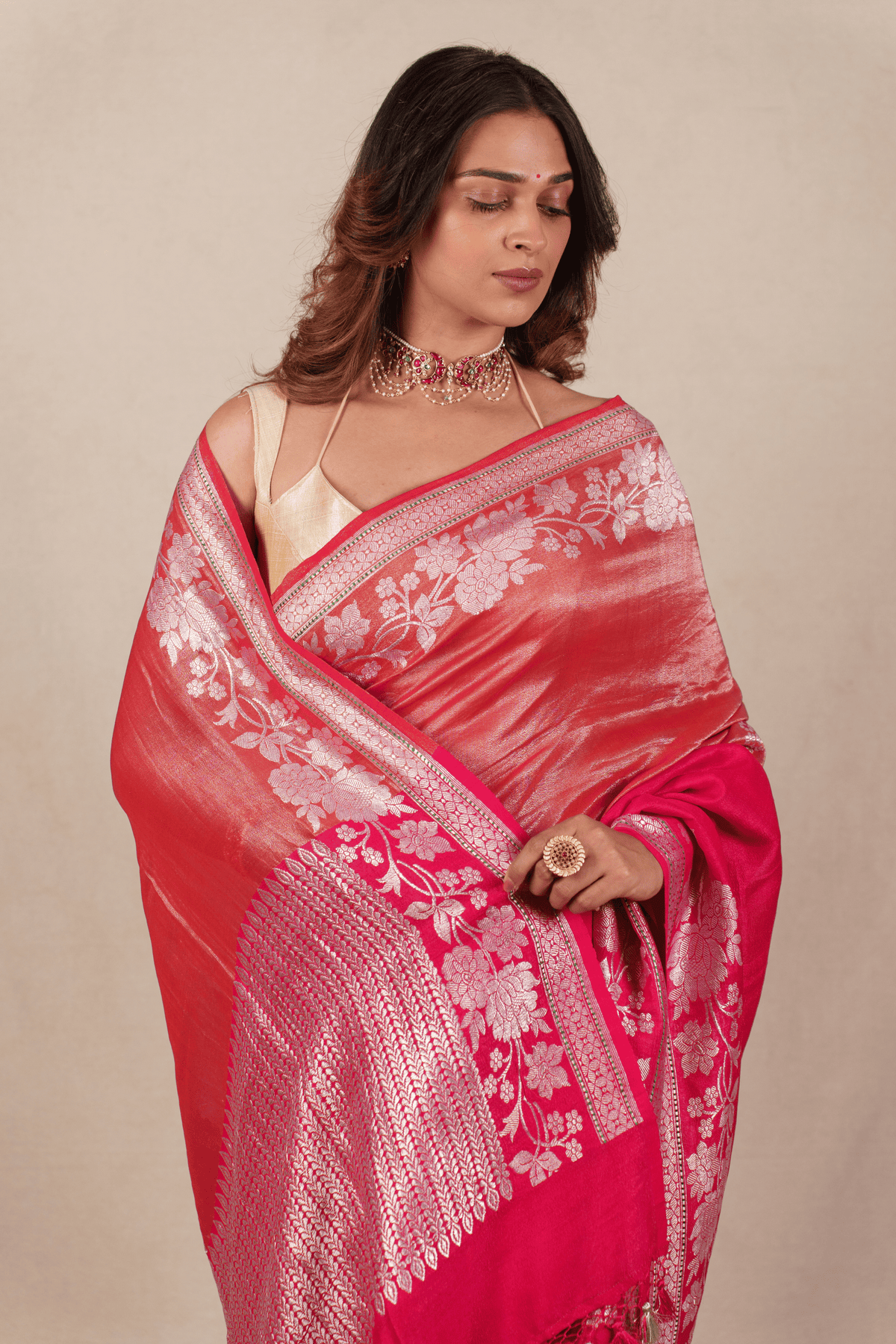 Barberry Red Tissue and Moonga Tussar Silk Banarasi Saree