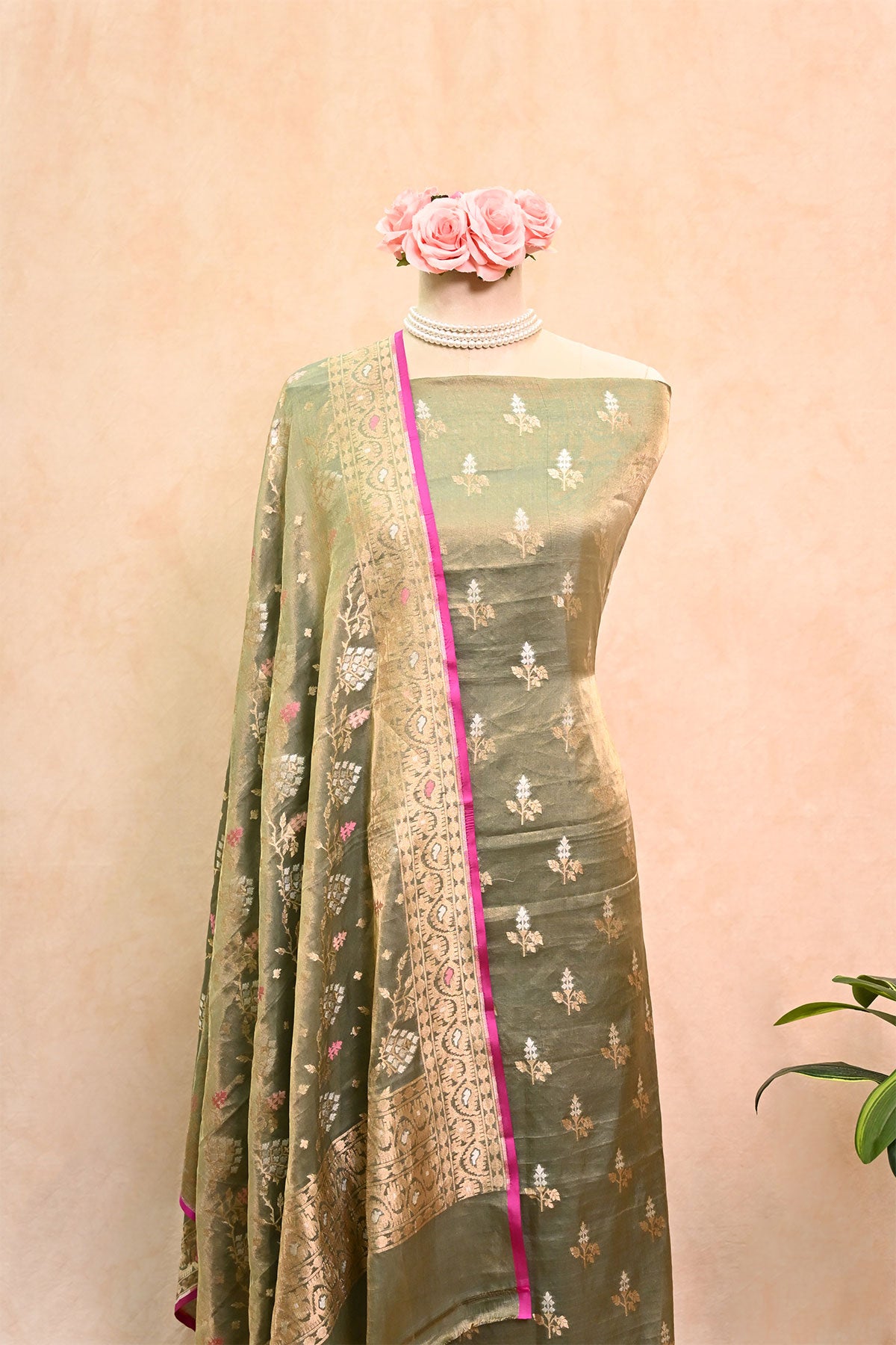 Bottle Green Banarasi Katan Tissue Suit