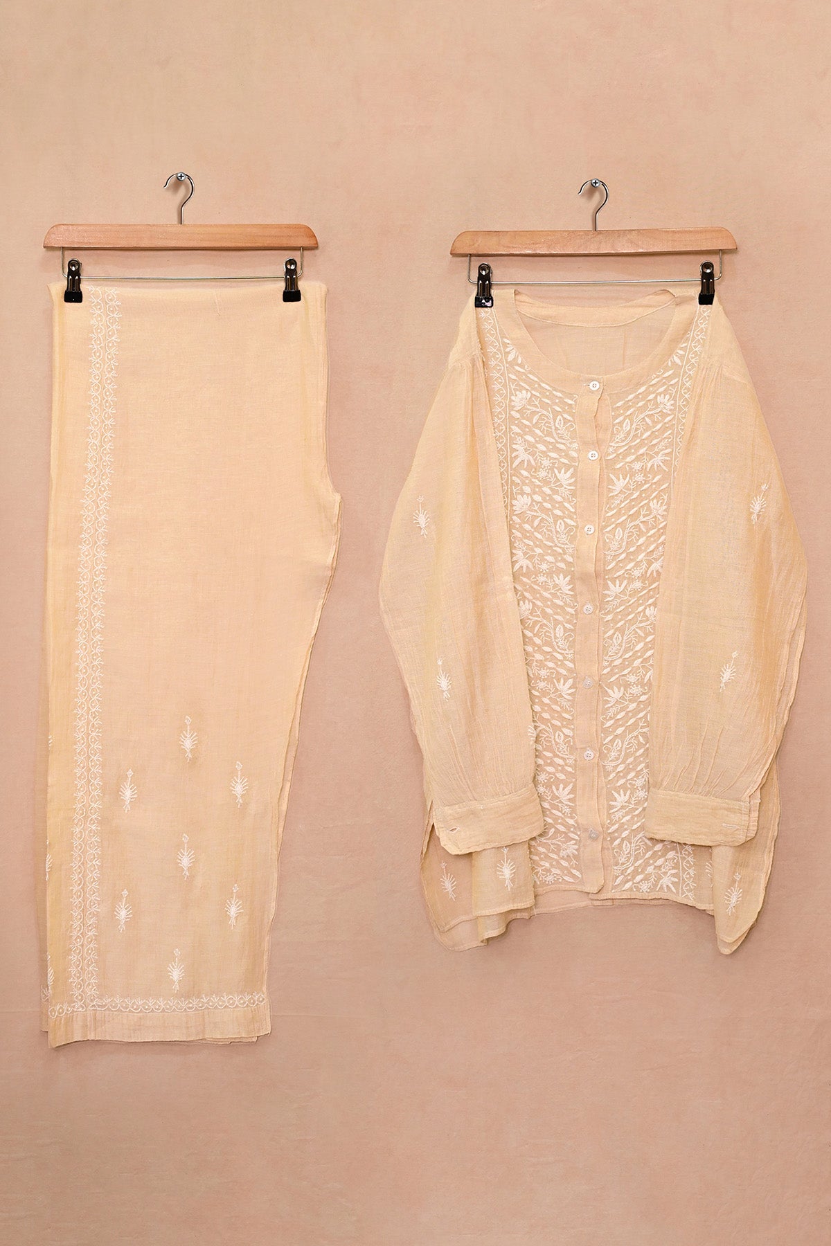 Beige Golden Tissue Chanderi Chikankari Co-ord set