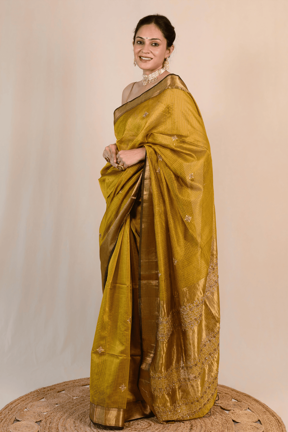 Warm Ochre Maheshwari Silk Zardozi Saree