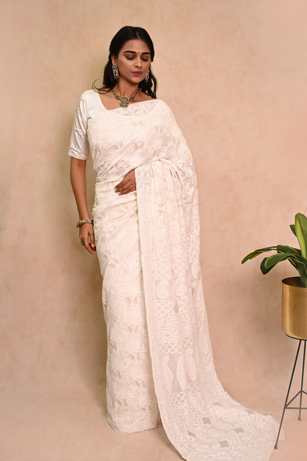 White Georgette Chikankari Saree