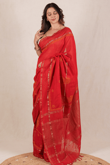 Vermilion Red Maheshwari Silk Chikankari Saree