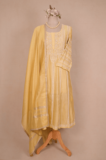 Butter Yellow Chanderi Silk Chikankari Anarkali