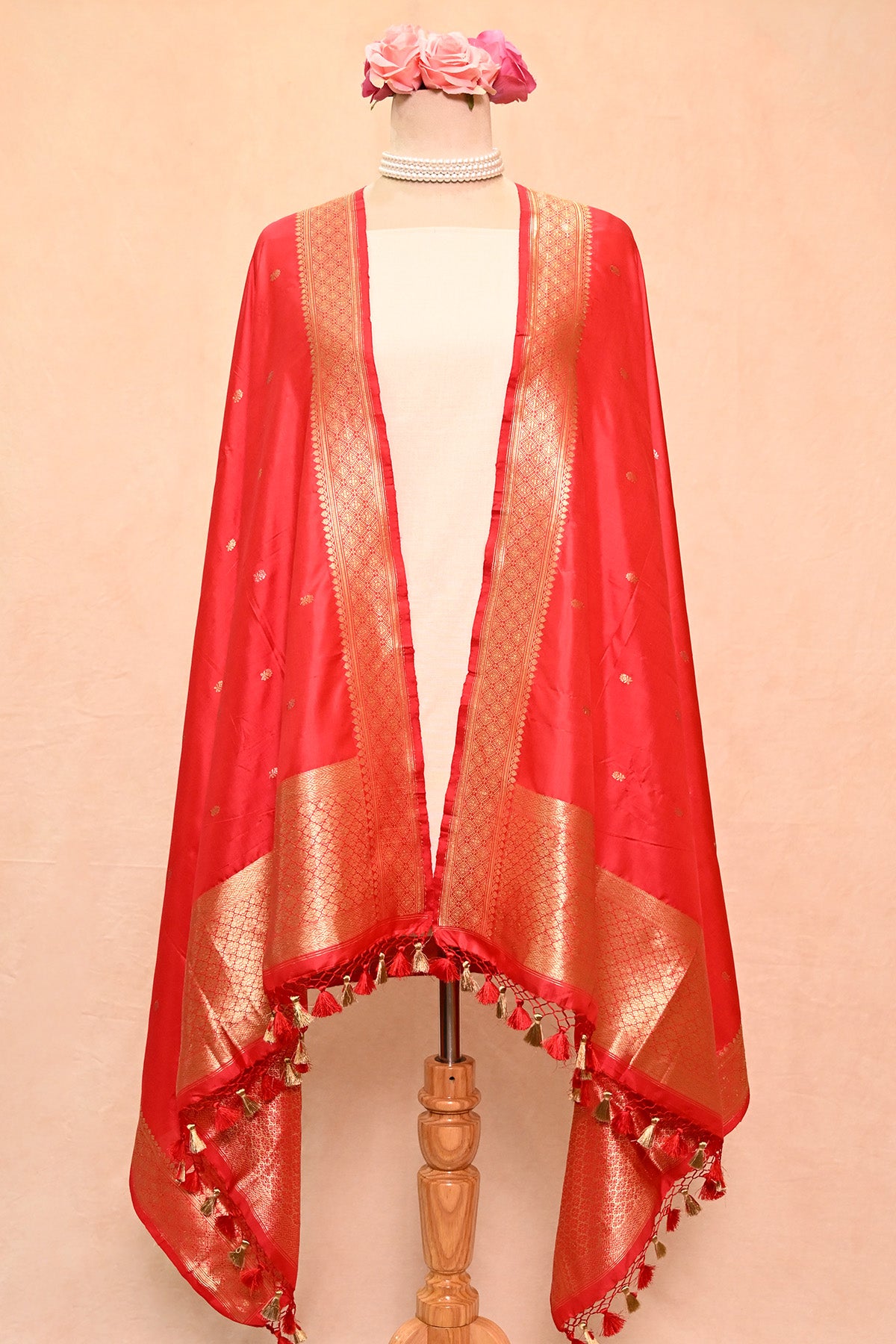 Vermillion Red Katan Silk Banarasi Dupatta