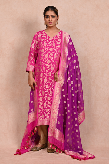 Hot Pink Banarasi khaddi Georgette Suit