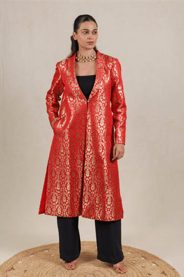 Crimson Red Brocade Silk Banarasi Jacket