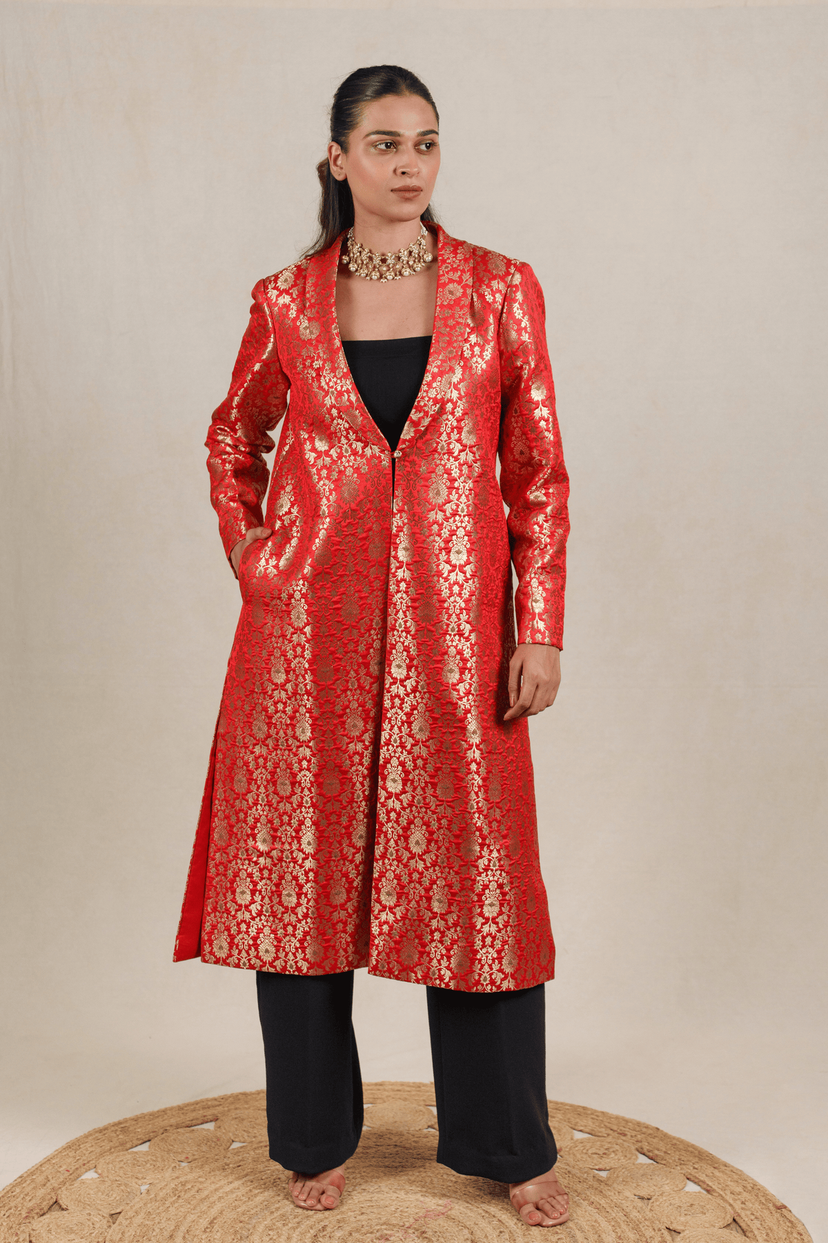 Crimson Red Brocade Silk Banarasi Jacket
