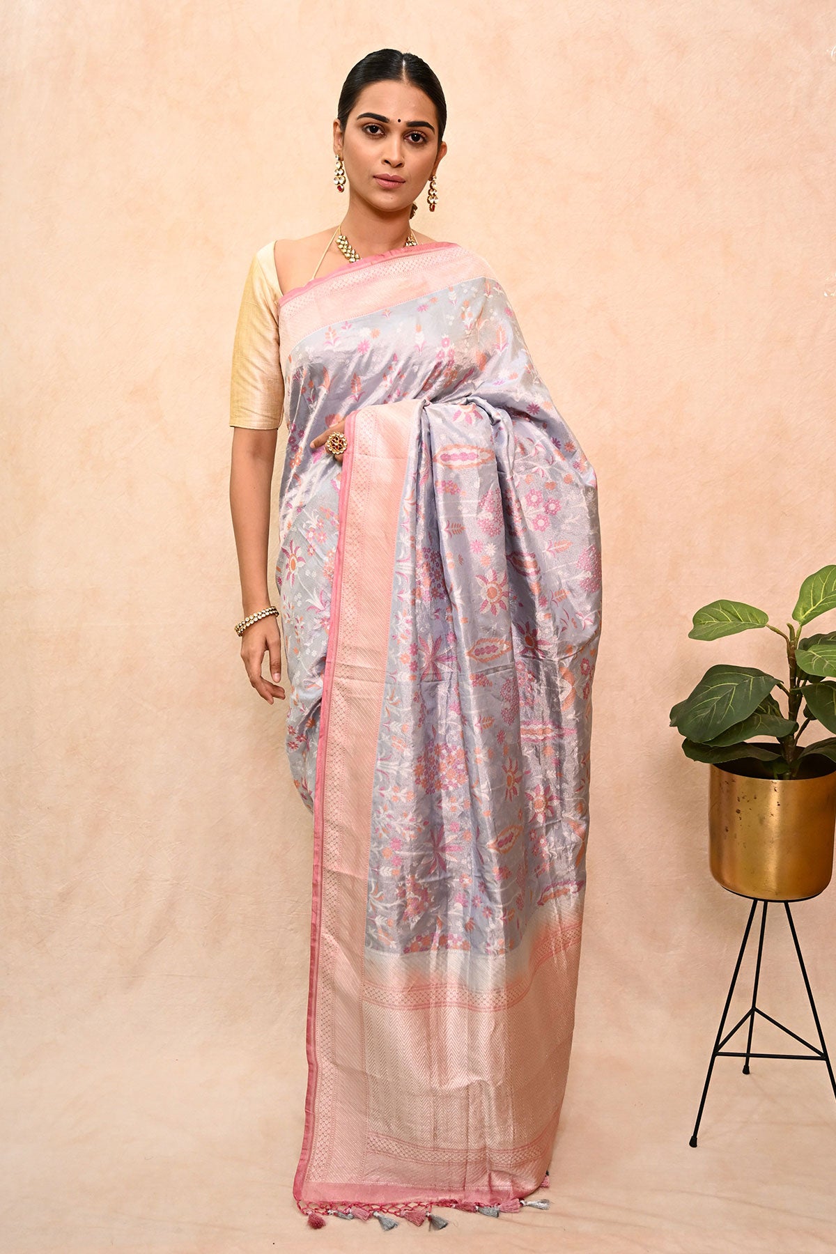 Ektara Tissue Banarasi Silk Saree with Jamdani Tilfi Motifs & Silver-Resham Tassels