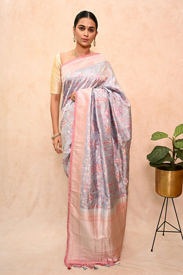 Ektara Tissue Banarasi Silk Saree with Jamdani Tilfi Motifs & Silver-Resham Tassels