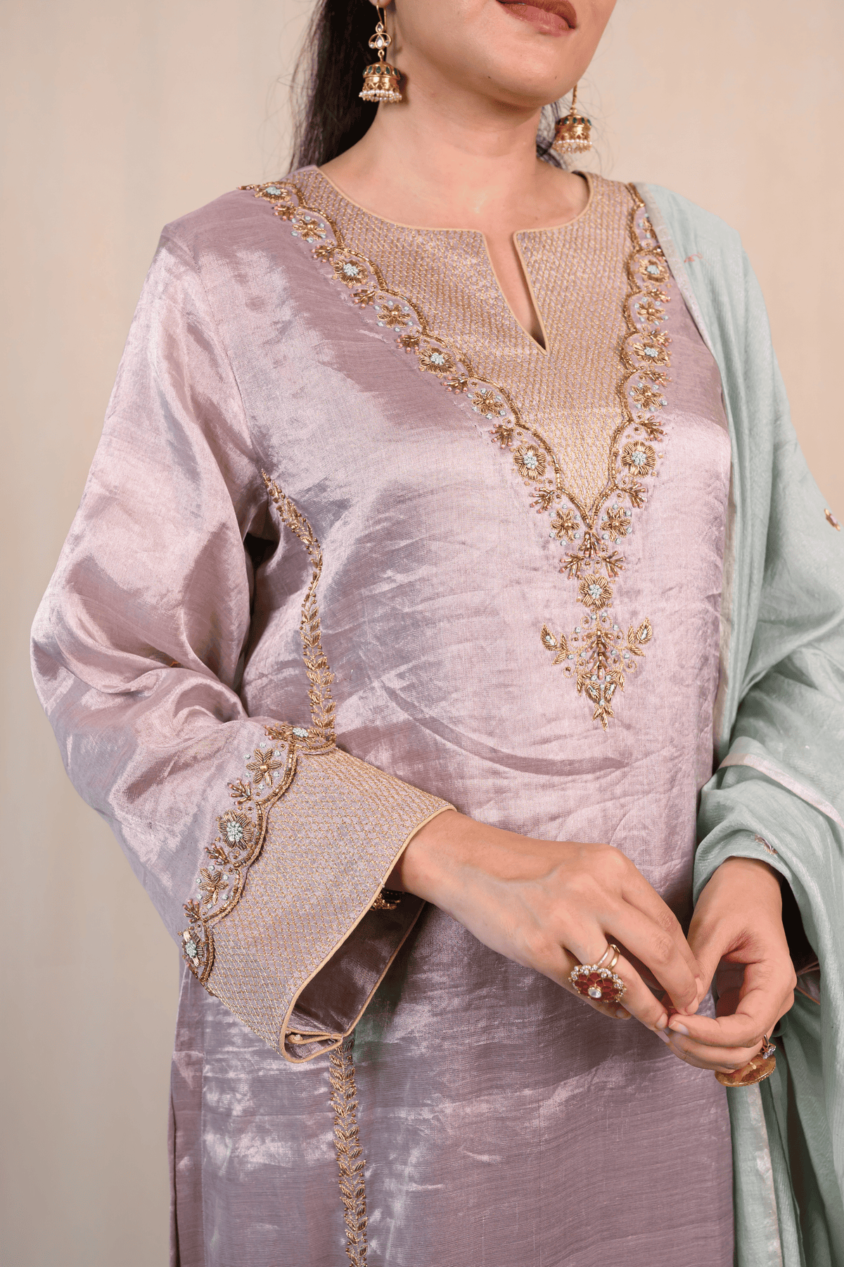 Lavender Grey Tissue Silk Zardozi Suit