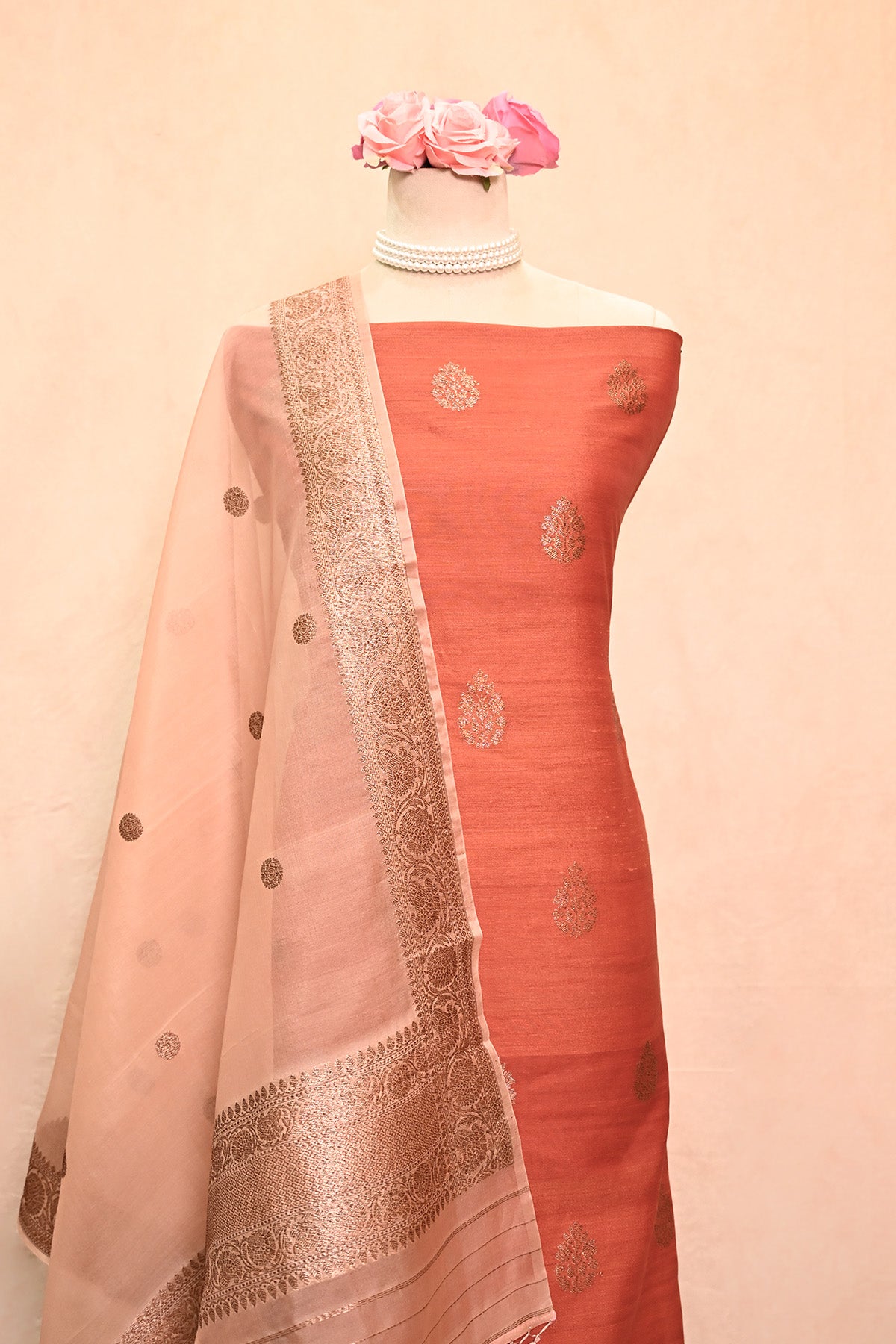 Rust Orange Moonga Silk Banarasi Suit