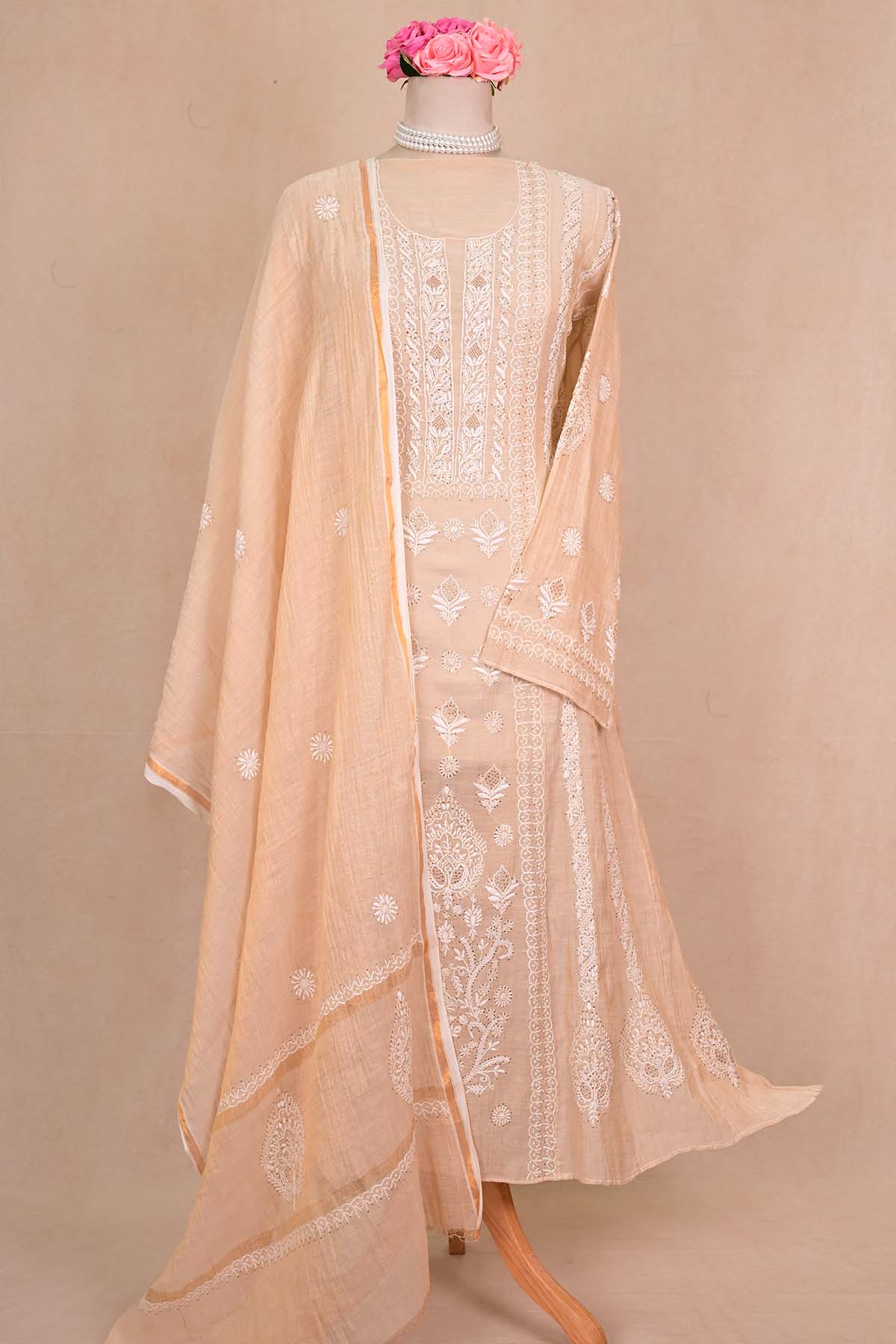 Beige Tissue Chanderi Chikankari Anarkali