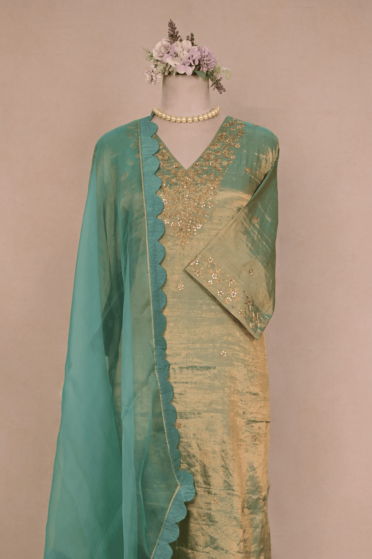 Sea Green Tissue Zardozi Suit