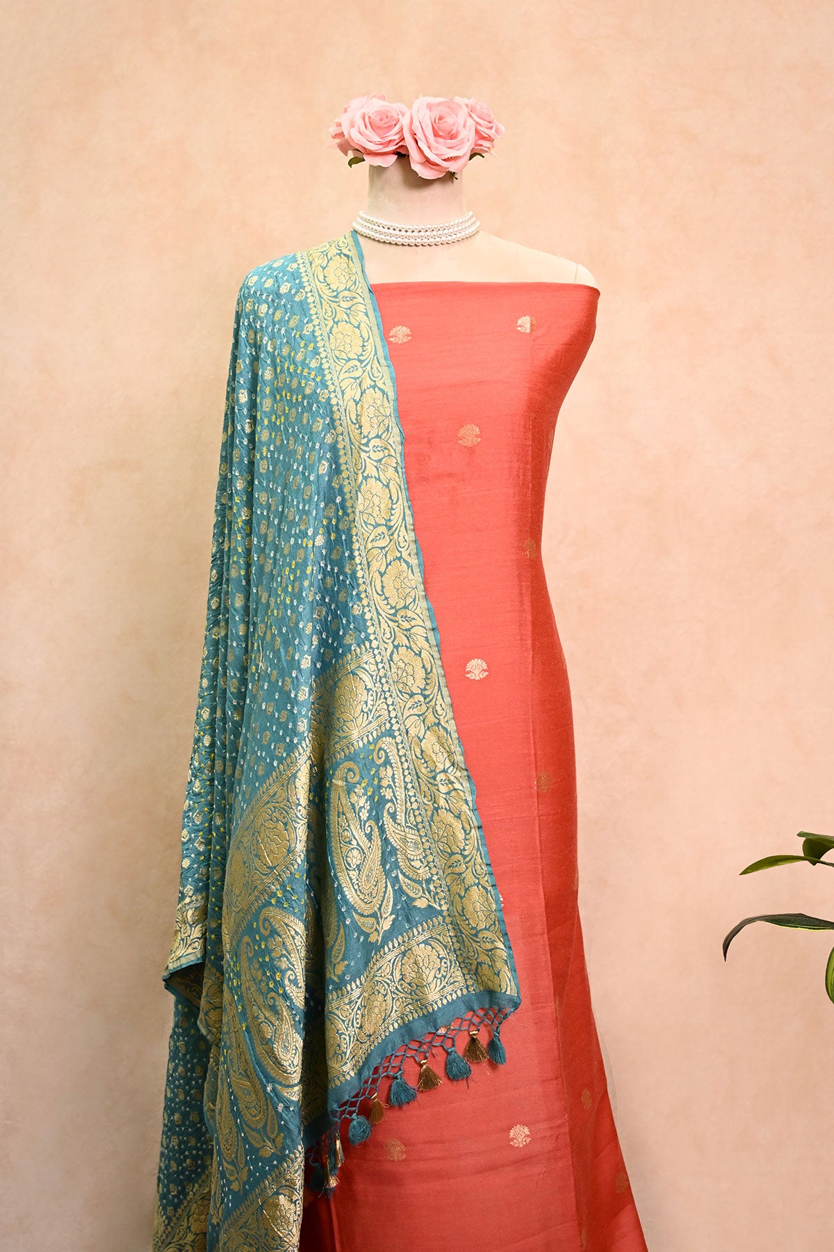Rust Red Banarasi Moonga Silk Suit
