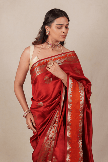 Brick Red Silk Banarasi Saree