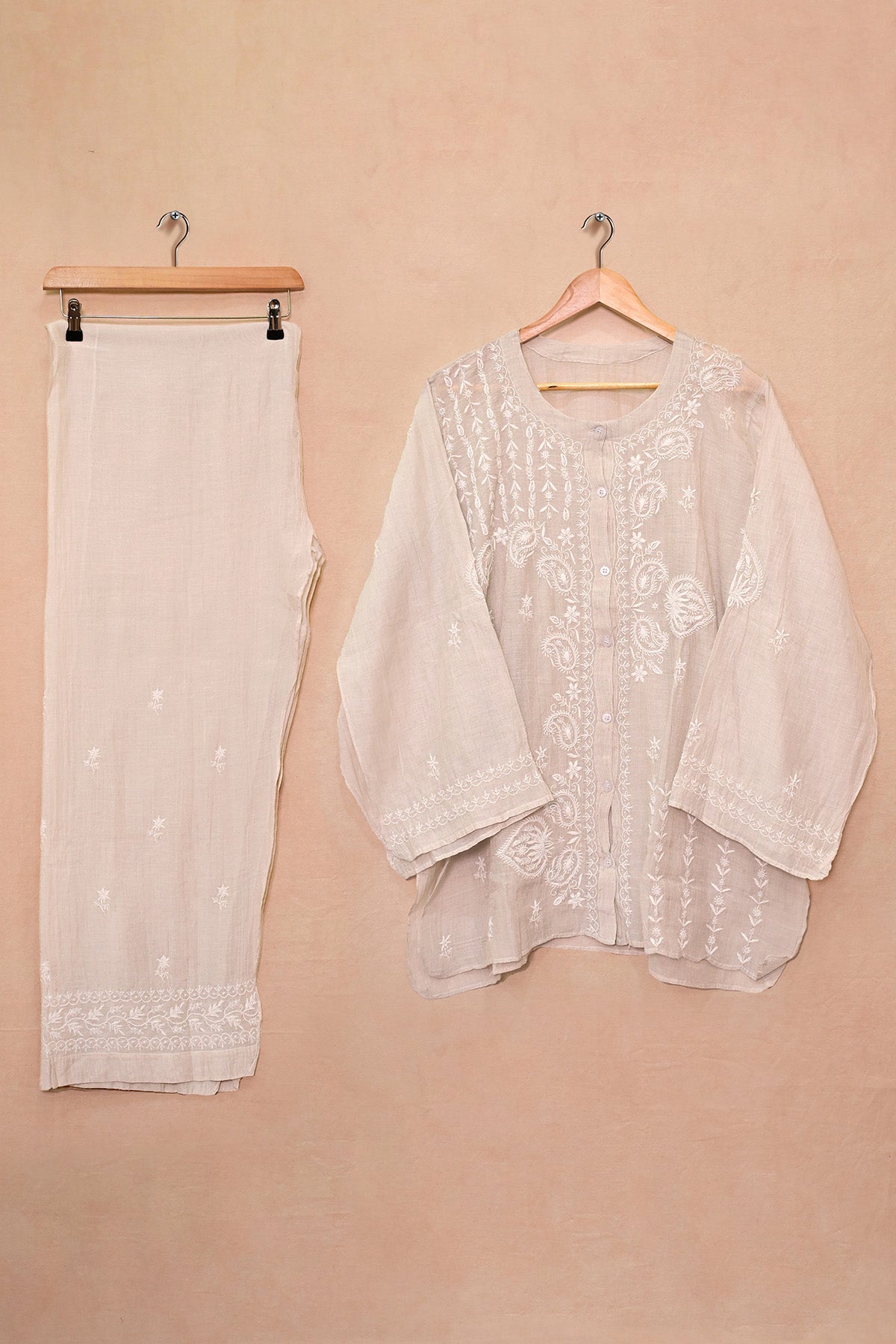 Light Grey Silver Tissue Chanderi Chikankari Co-ord set