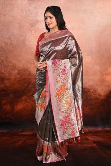 Metallic Grey Tissue Kora Silk Banarasi Saree