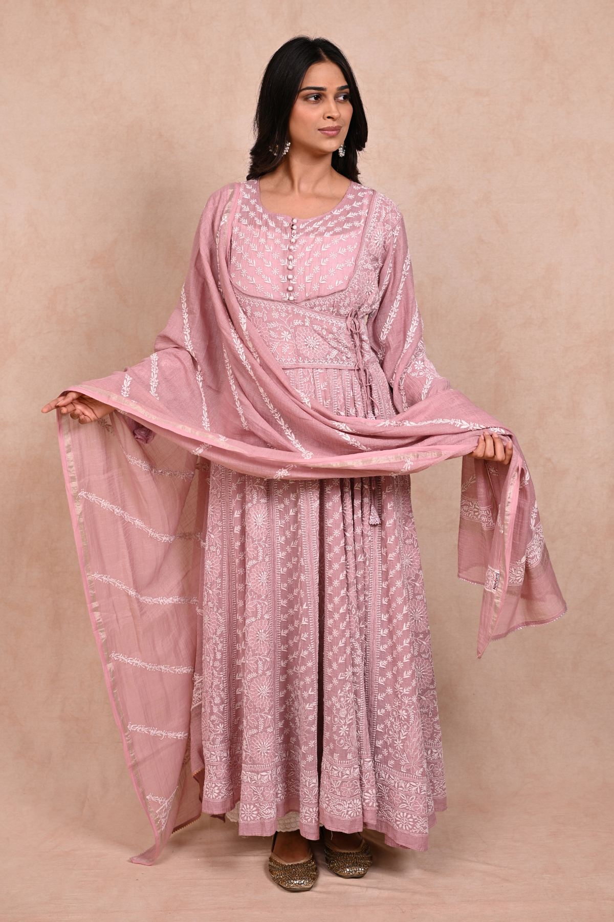 Pure Silver Tissue Chanderi Chikankari Anarkali