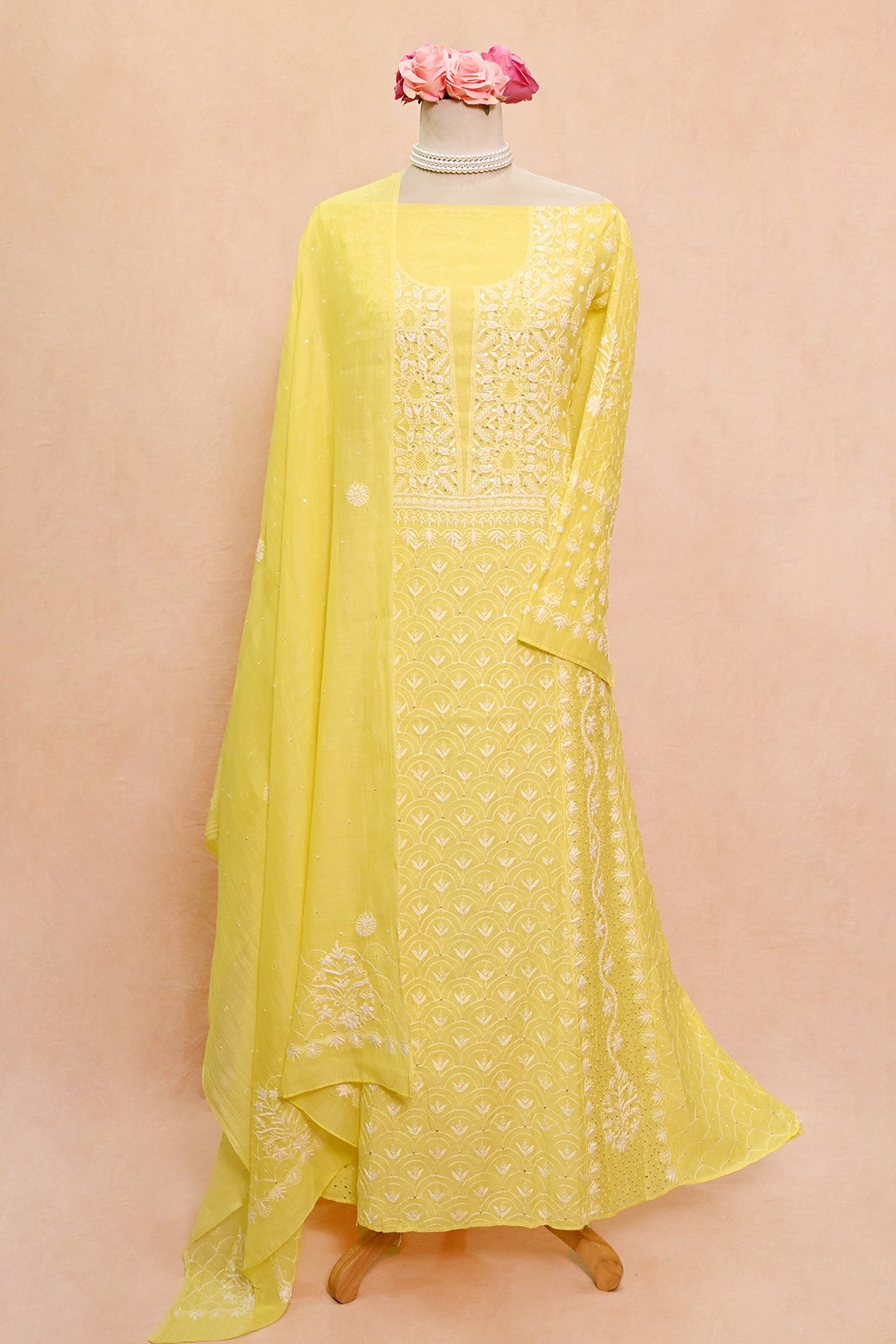 Lemon Yellow Chanderi Chikankari Anarkali