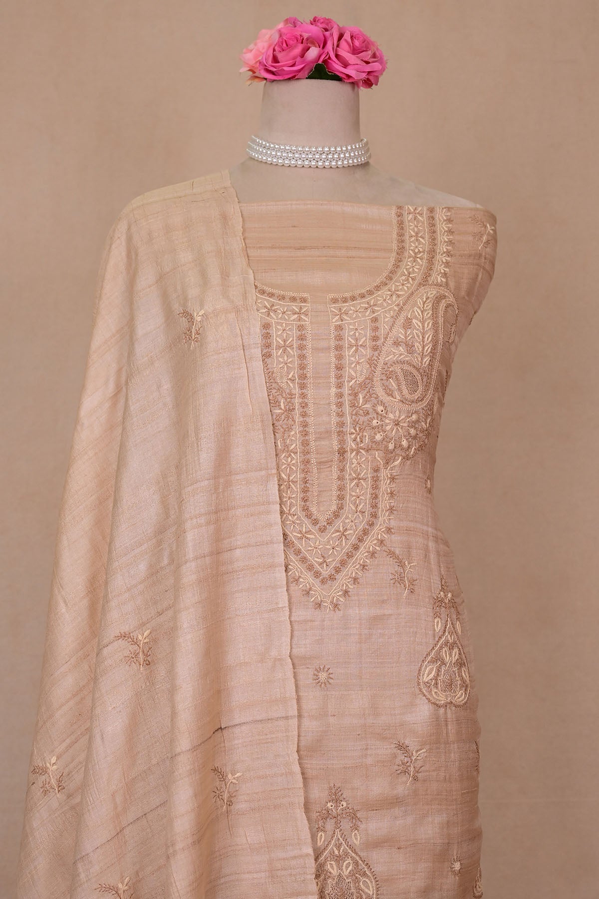 Beige Tussar Moonga Chikankari Suit