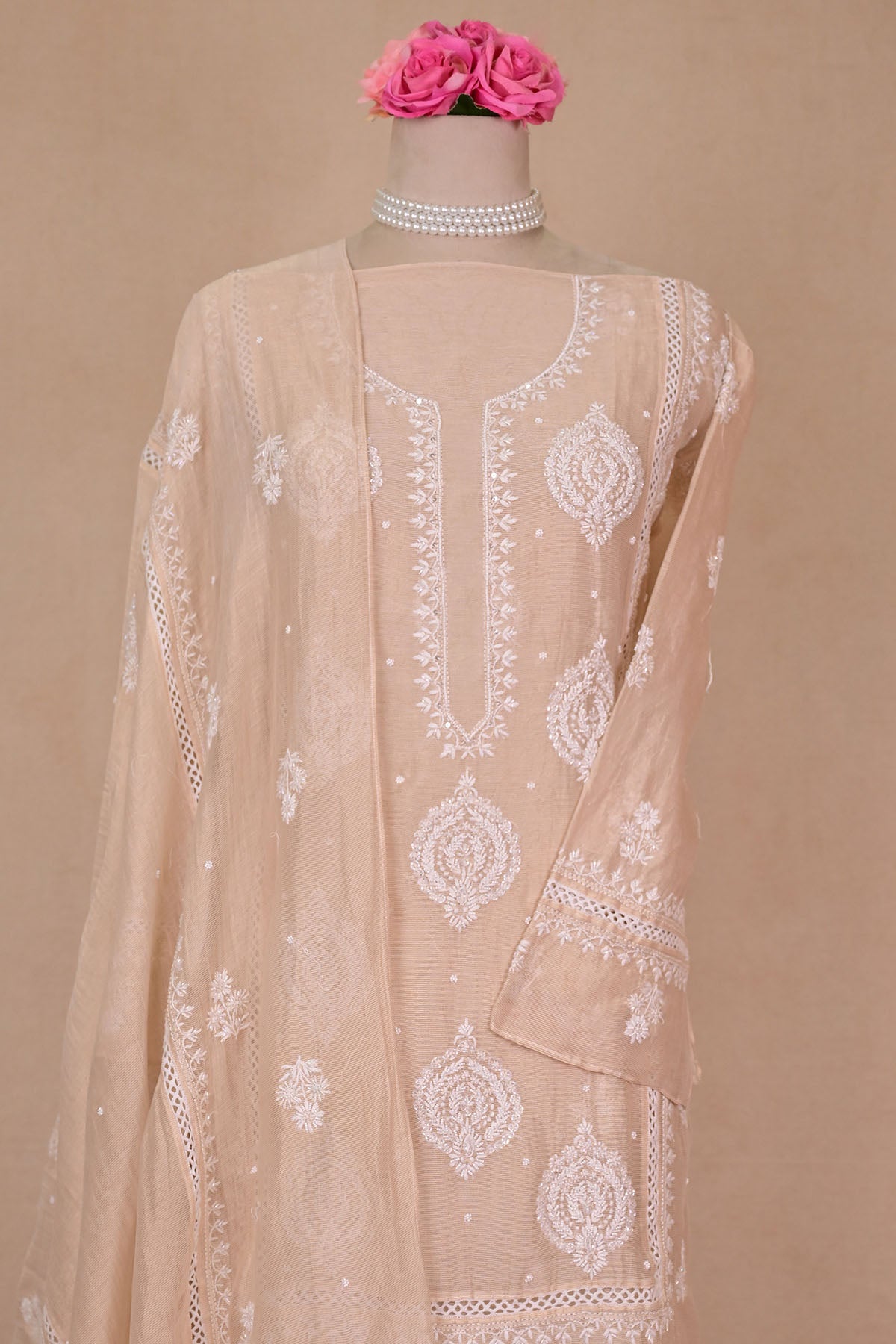 Beige Tissue Chanderi Chikankari Suit