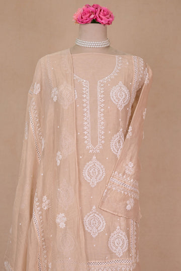 Beige Tissue Chanderi Chikankari Suit
