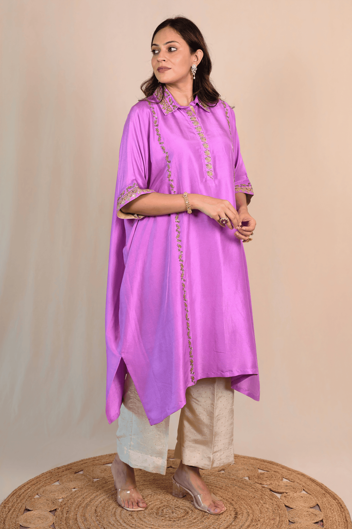 Lilac Dupion Silk Zardozi Kaftan