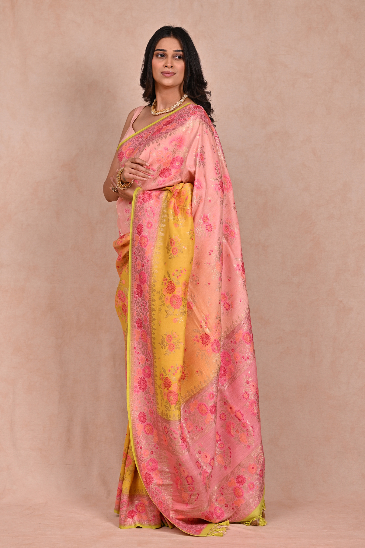 Tussar Georgette Banarasi Saree with Multicolor Resham Floral Work & Ombre Dye