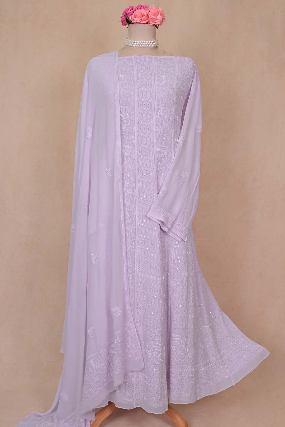 Light Lavender Viscose Georgette Chikankari Anarkali