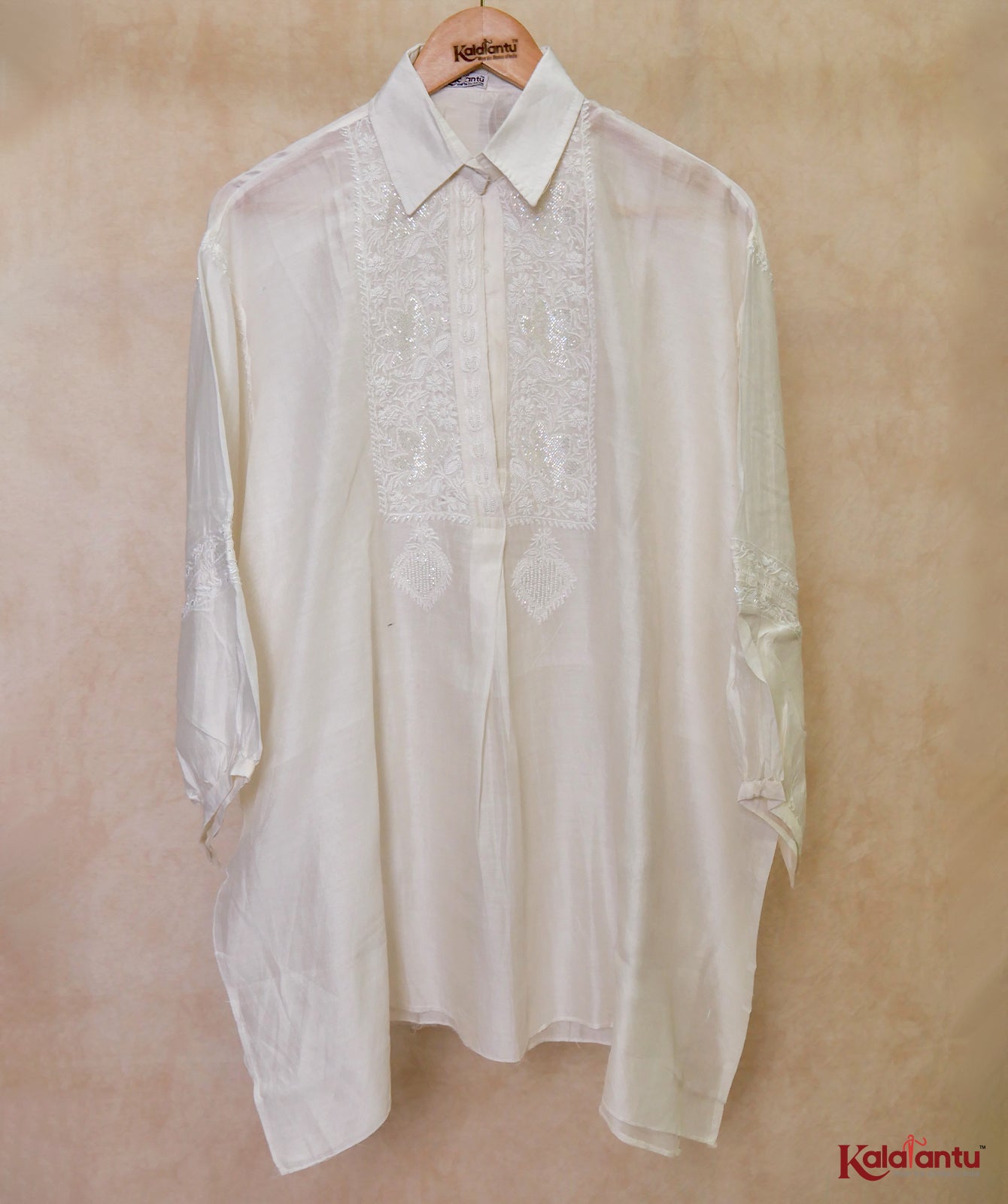 Off White Pure Chanderi Chikankari Shirt