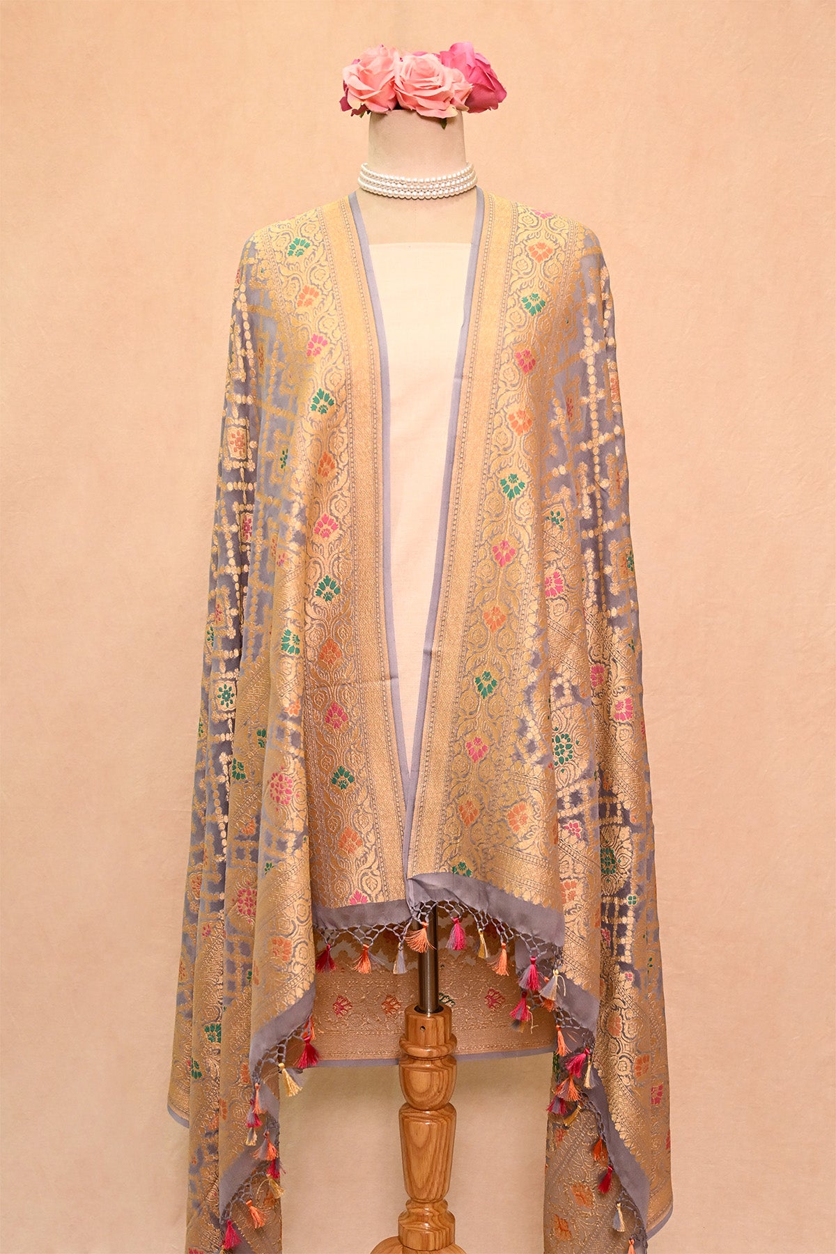 Dusty Blue Khaddi Georgette Banarasi Dupatta