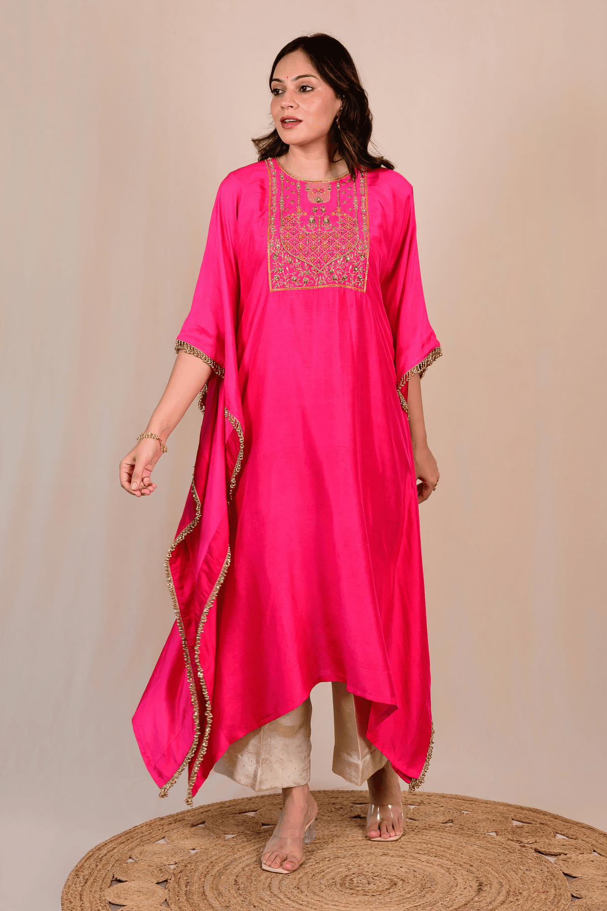 Bright Pink Dupion Silk Zardozi Kaftan