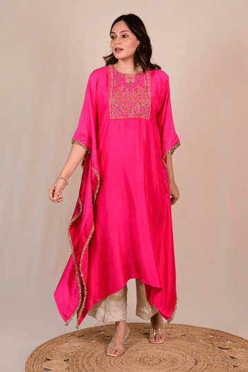 Bright Pink Dupion Silk Zardozi Kaftan