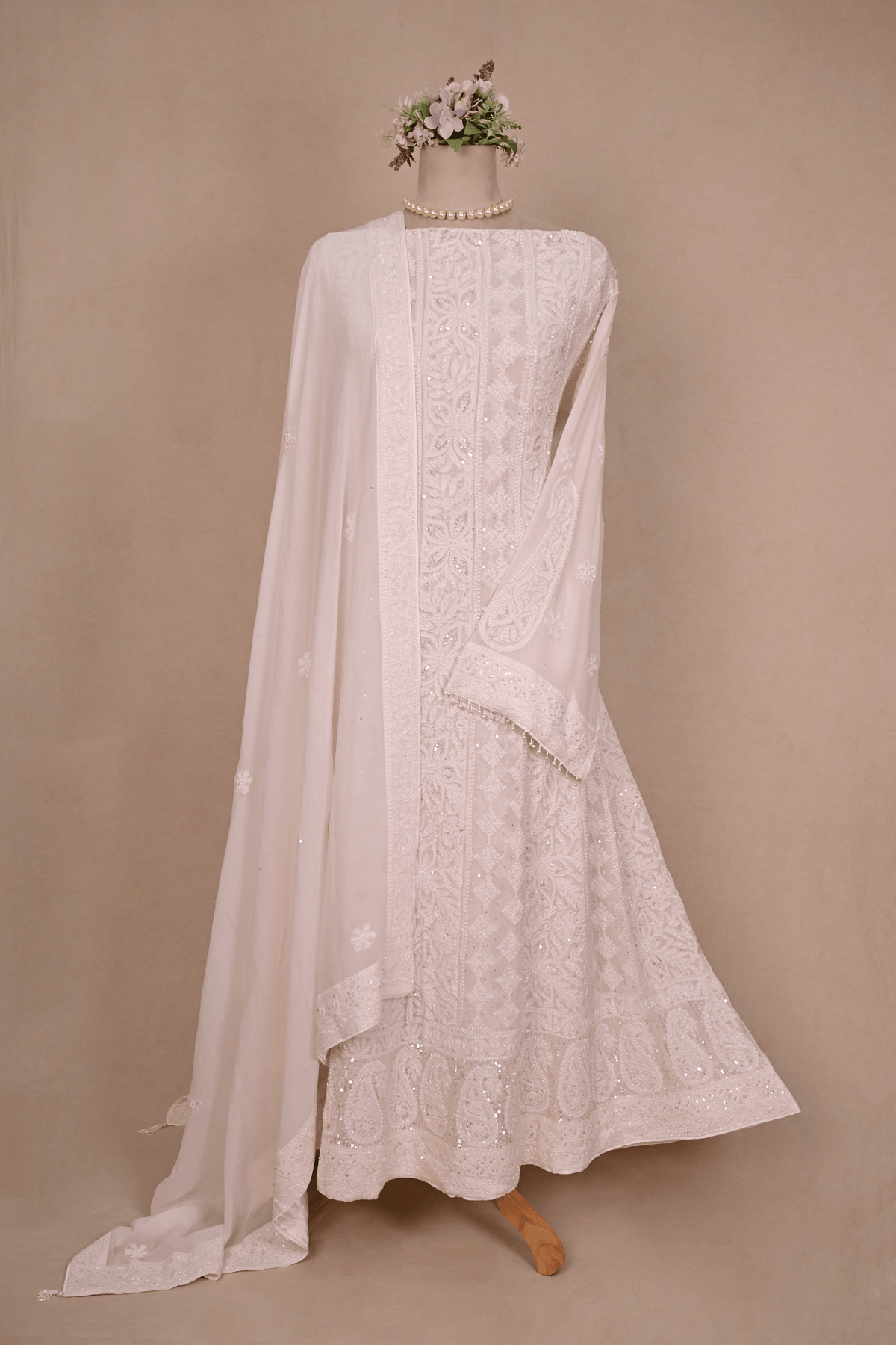 Swan White Georgette Chikankari Anarkali
